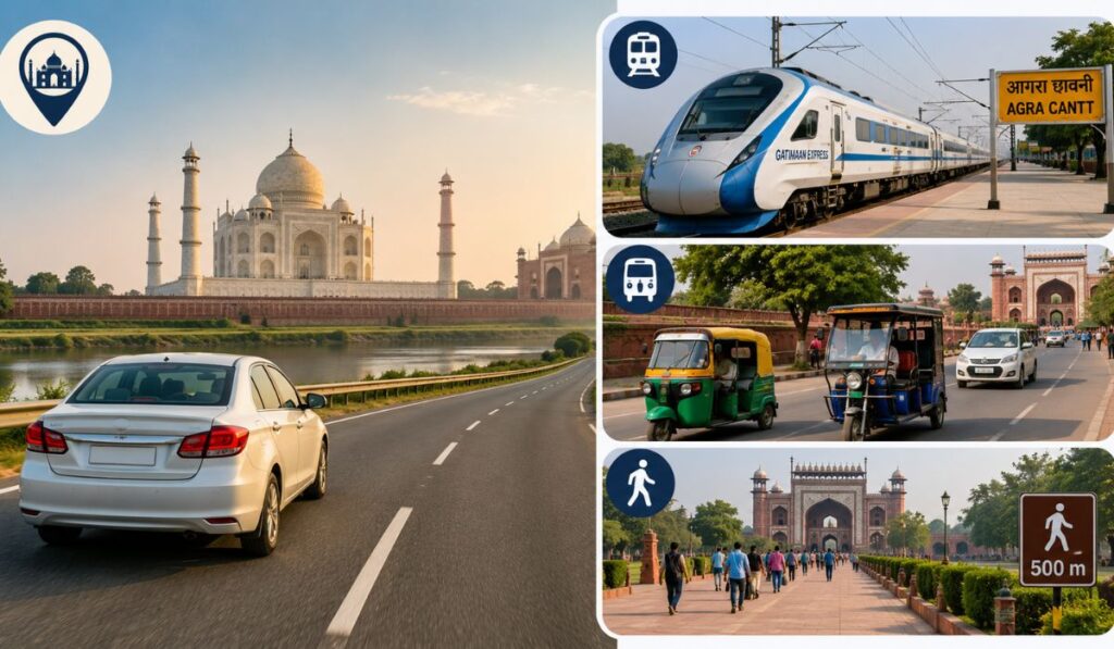 Travel options from Agra Cantt Railway Station to the Taj Mahal including taxi, auto rickshaw, e-rickshaw, and walking route