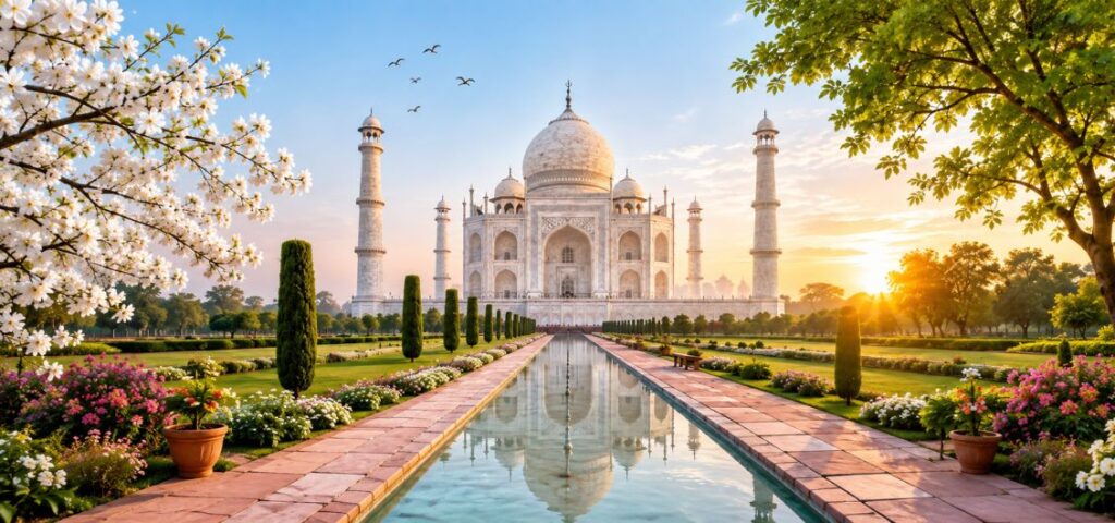 Traveler sitting in front of the Taj Mahal during sunrise, showcasing the best time to visit the Taj Mahal in 2026 with a complete travel guide for first-time visitors.