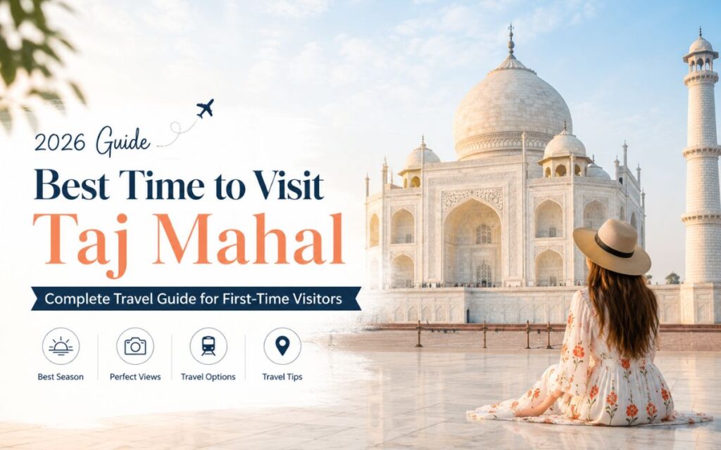 Traveler sitting in front of the Taj Mahal during sunrise, showcasing the best time to visit the Taj Mahal in 2026 with a complete travel guide for first-time visitors.