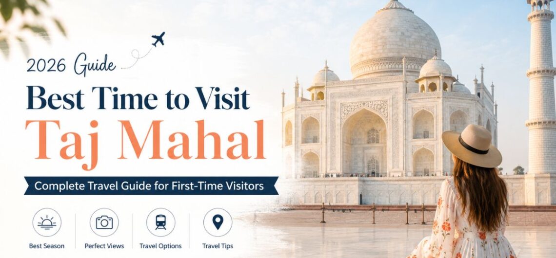 Traveler sitting in front of the Taj Mahal during sunrise, showcasing the best time to visit the Taj Mahal in 2026 with a complete travel guide for first-time visitors.