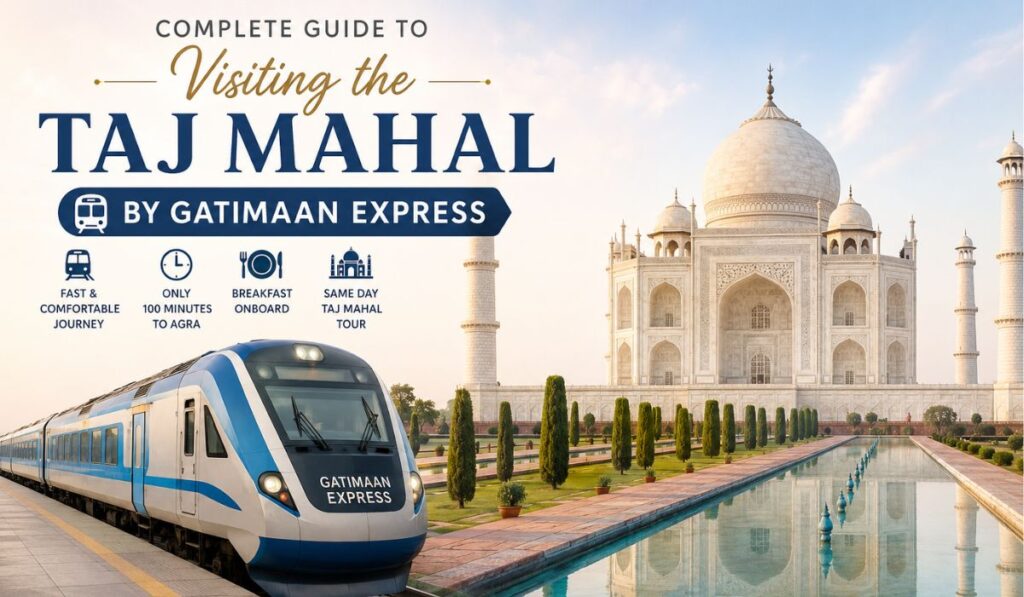 Complete guide to visiting the Taj Mahal by Gatimaan Express with a high-speed train from Delhi to Agra for a same-day tour.