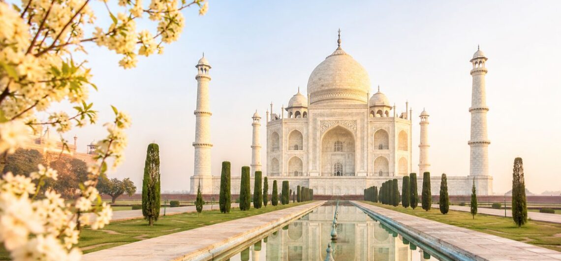 Taj Mahal viewed from the main garden reflecting pool with flowering trees, ideal for first-time visitors exploring Agra's iconic monument