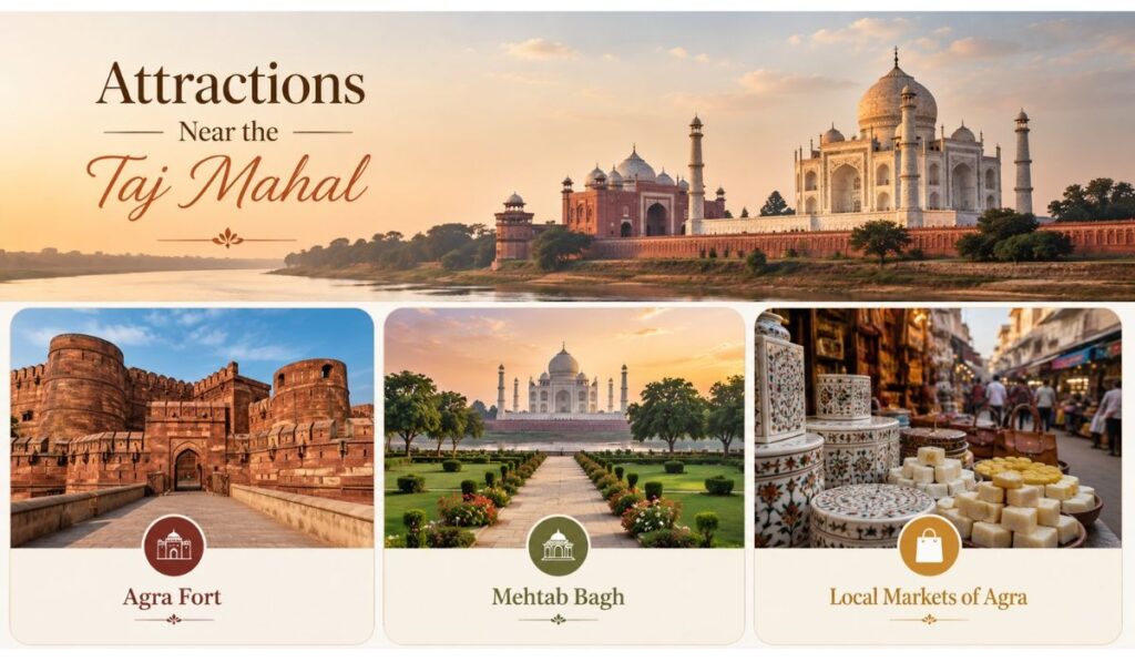 Popular attractions near the Taj Mahal including Agra Fort, Mehtab Bagh, and local markets in Agra