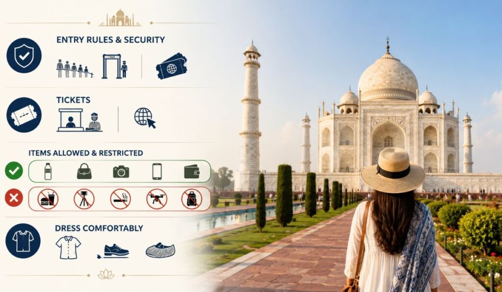 Taj Mahal visitor guide showing entry rules, security checks, ticket information, allowed and restricted items, and visitor tips