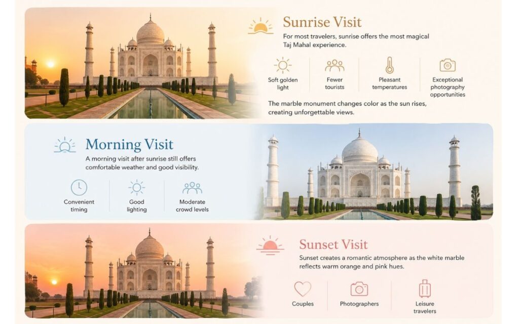 Best Time of Day to Visit the Taj Mahal – Sunrise, Morning & Sunset Guide Infographic comparing the best time to visit the Taj Mahal during sunrise, morning, and sunset, highlighting lighting, crowds, weather, and photography opportunities.