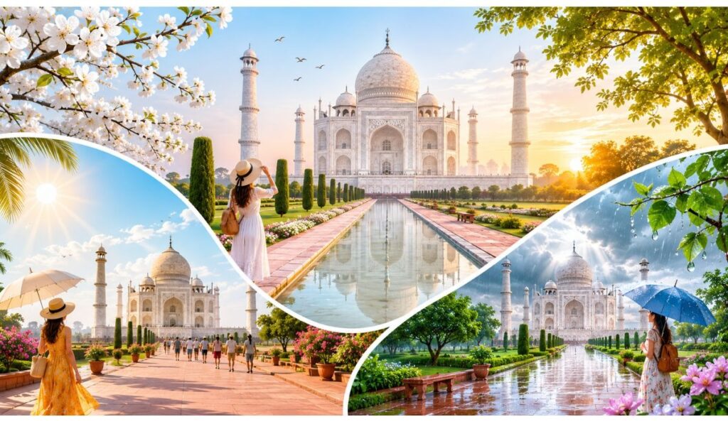 Best Season to Visit the Taj Mahal – Winter, Summer & Monsoon Travel Guide Infographic comparing the best seasons to visit the Taj Mahal, including winter, summer, and monsoon, with weather, crowd levels, and travel advantages.