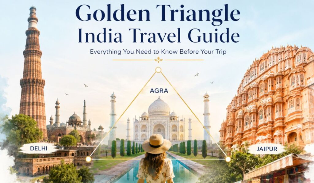 Golden Triangle India Travel Guide featuring Qutub Minar in Delhi, the Taj Mahal in Agra, Hawa Mahal in Jaipur, and a traveler exploring the famous India travel circuit.