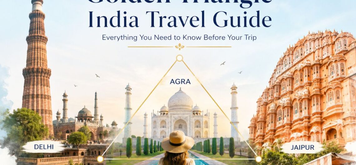 Golden Triangle India Travel Guide featuring Qutub Minar in Delhi, the Taj Mahal in Agra, Hawa Mahal in Jaipur, and a traveler exploring the famous India travel circuit.