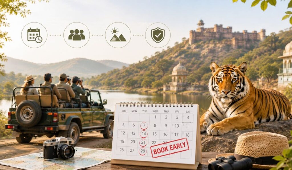 Best Time to Book Ranthambore Safari – Complete Booking Guide Travel planning infographic showing a Ranthambore safari jeep, Bengal tiger, booking calendar, and Ranthambore Fort, highlighting the best time to book a safari.