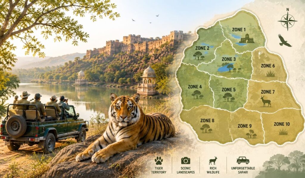 Ranthambore Safari Zones Guide – Best Zones for Tiger Sighting Map of Ranthambore Safari Zones 1 to 10 with a Bengal tiger, jeep safari, and Ranthambore Fort in the background.
