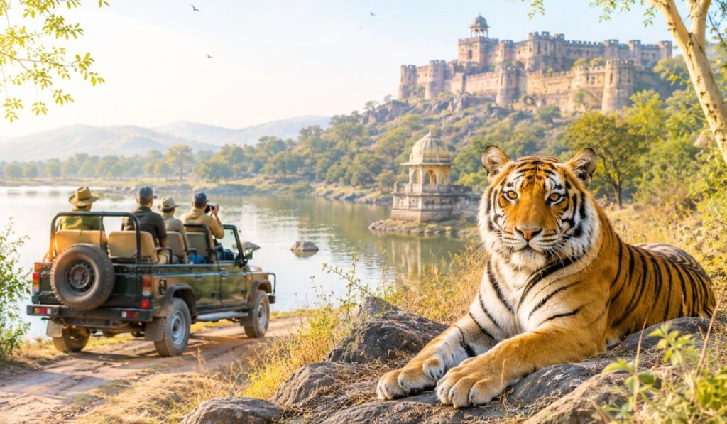 Jeep safari in Ranthambore National Park with a Bengal tiger near a lake and Ranthambore Fort in the background.