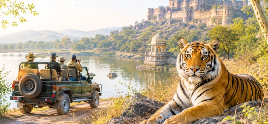 Jeep safari in Ranthambore National Park with a Bengal tiger near a lake and Ranthambore Fort in the background.