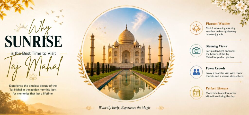 Sunrise view of the Taj Mahal with golden morning light reflecting in the central water channel, showcasing why sunrise is the best time to visit the iconic monument.