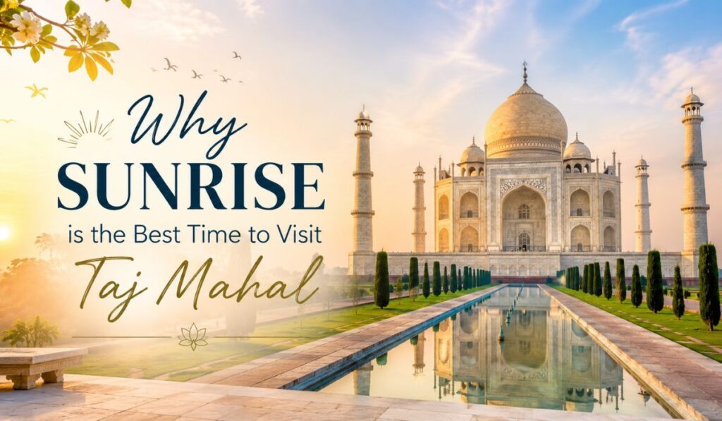 Sunrise view of the Taj Mahal with golden morning light reflecting in the central water channel, showcasing why sunrise is the best time to visit the iconic monument.