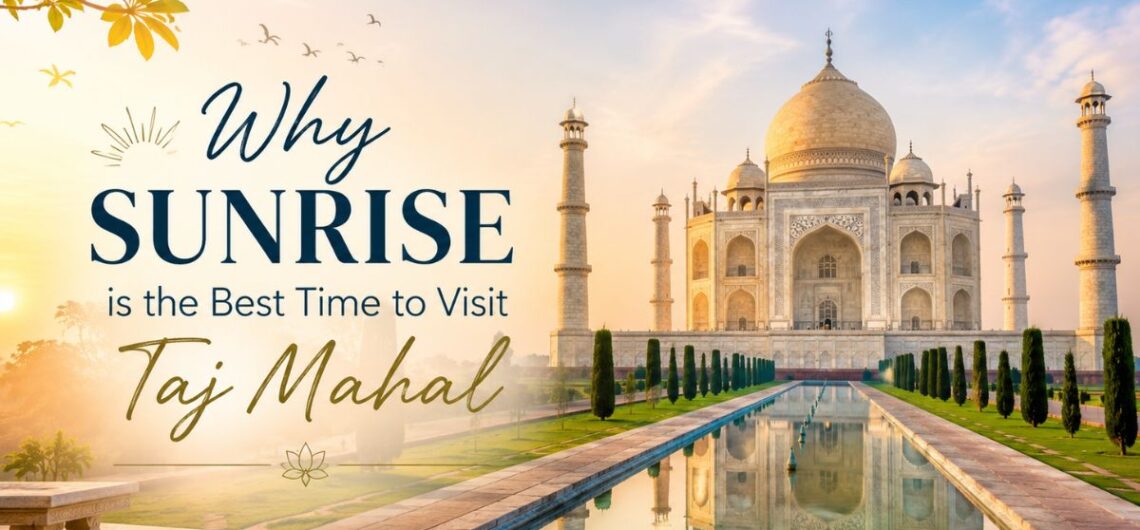 Sunrise view of the Taj Mahal with golden morning light reflecting in the central water channel, showcasing why sunrise is the best time to visit the iconic monument.