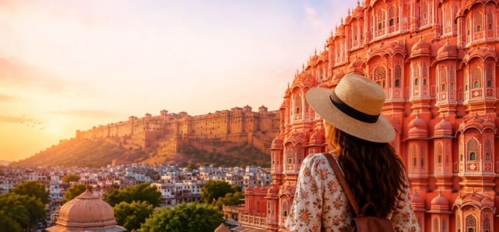 First-time visitor exploring Jaipur with views of Hawa Mahal and Amber Fort, featuring the ultimate Jaipur travel guide for sightseeing, local attractions, and must-visit places in the Pink City.