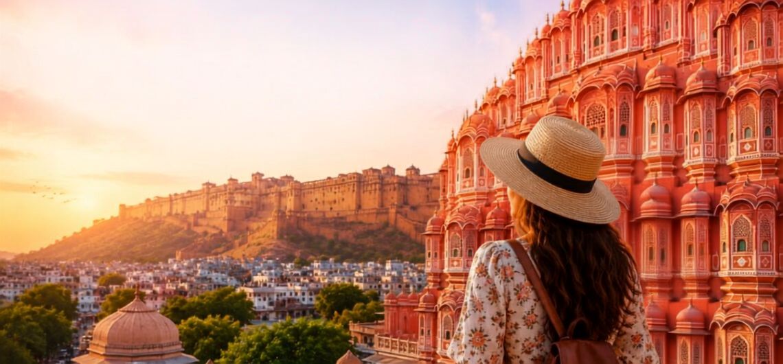 First-time visitor exploring Jaipur with views of Hawa Mahal and Amber Fort, featuring the ultimate Jaipur travel guide for sightseeing, local attractions, and must-visit places in the Pink City.