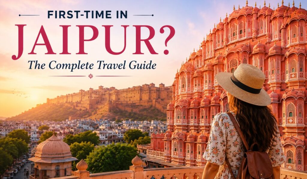 First-time visitor exploring Jaipur with views of Hawa Mahal and Amber Fort, featuring the ultimate Jaipur travel guide for sightseeing, local attractions, and must-visit places in the Pink City.