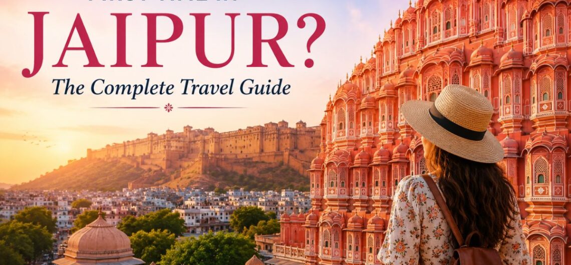 First-time visitor exploring Jaipur with views of Hawa Mahal and Amber Fort, featuring the ultimate Jaipur travel guide for sightseeing, local attractions, and must-visit places in the Pink City.