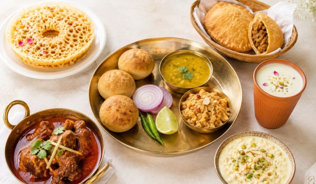 Must-Try Local Food in Jaipur – Authentic Rajasthani Dishes Traditional Rajasthani food platter featuring Dal Baati Churma, Ghewar, Kachori, Laal Maas, Lassi, and Rabri, showcasing the best local food to try in Jaipur.