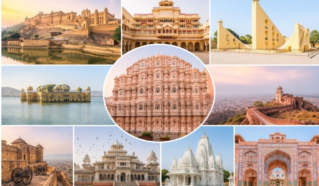 Top Tourist Places to Visit in Jaipur – Complete Sightseeing Guide Collage of Jaipur's top tourist attractions including Hawa Mahal, Amber Fort, City Palace, Jantar Mantar, Jal Mahal, Nahargarh Fort, Albert Hall Museum, Birla Mandir, and Patrika Gate in the Pink City.