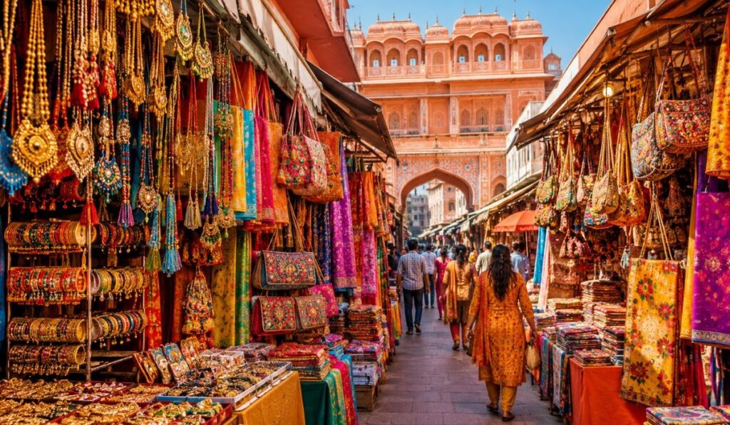 Jaipur Local Market Shopping Guide – Best Bazaars in the Pink City Colorful Jaipur local market near Hawa Mahal featuring traditional Rajasthani textiles, jewelry, handicrafts, bags, and souvenirs, showcasing the best shopping experience in Jaipur.