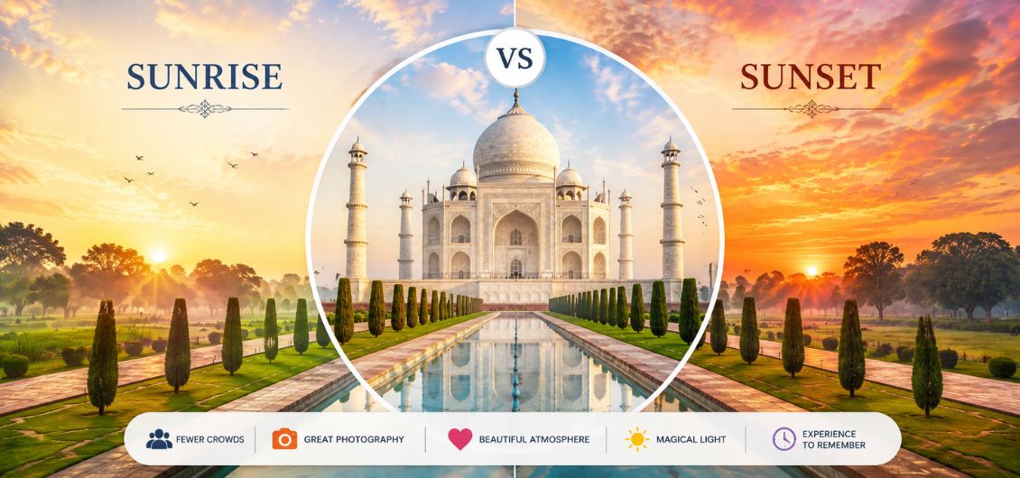 Taj Mahal sunrise vs sunset comparison showing the monument in golden morning and evening light with fewer crowds and beautiful photography opportunities.